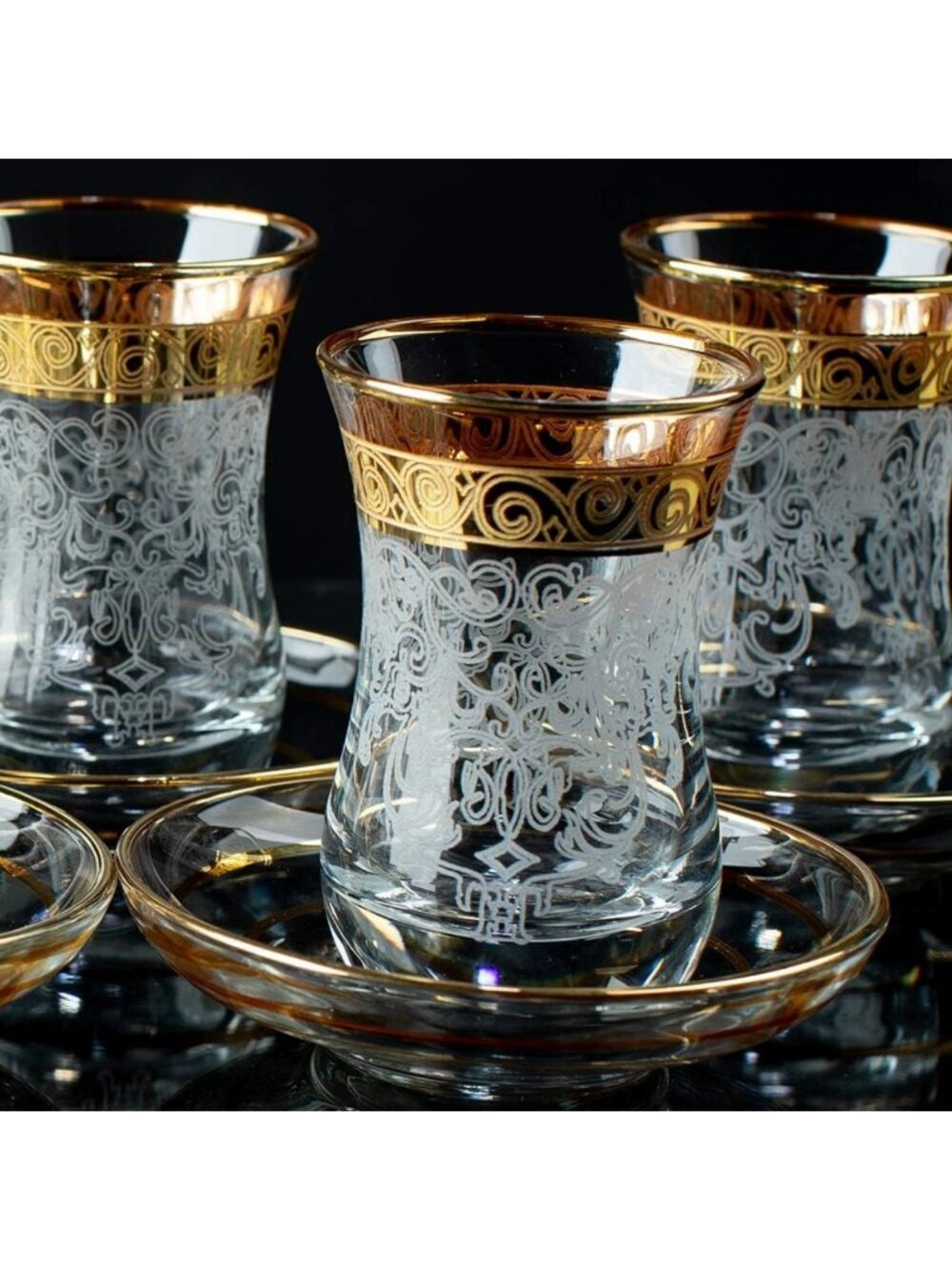 Set of 6 Vintage Turkish Tea Glasses & Saucers - Elegant Arabic Style Drinkware